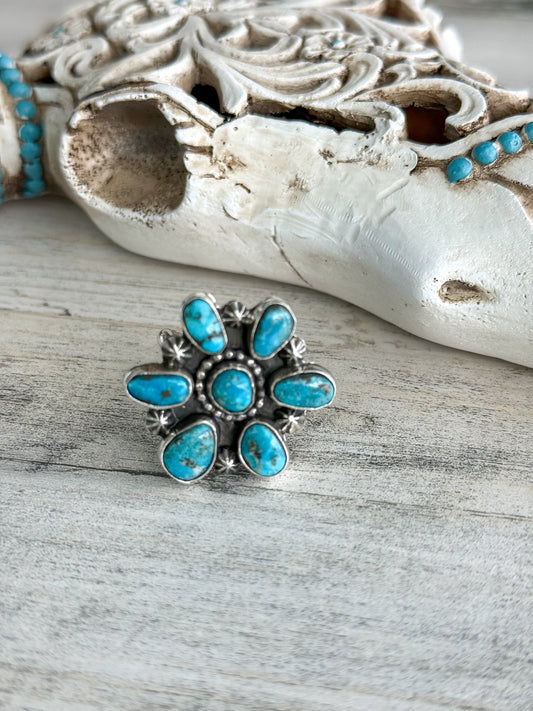 Native Made Turquoise Cluster Ring 8 Adjustable
