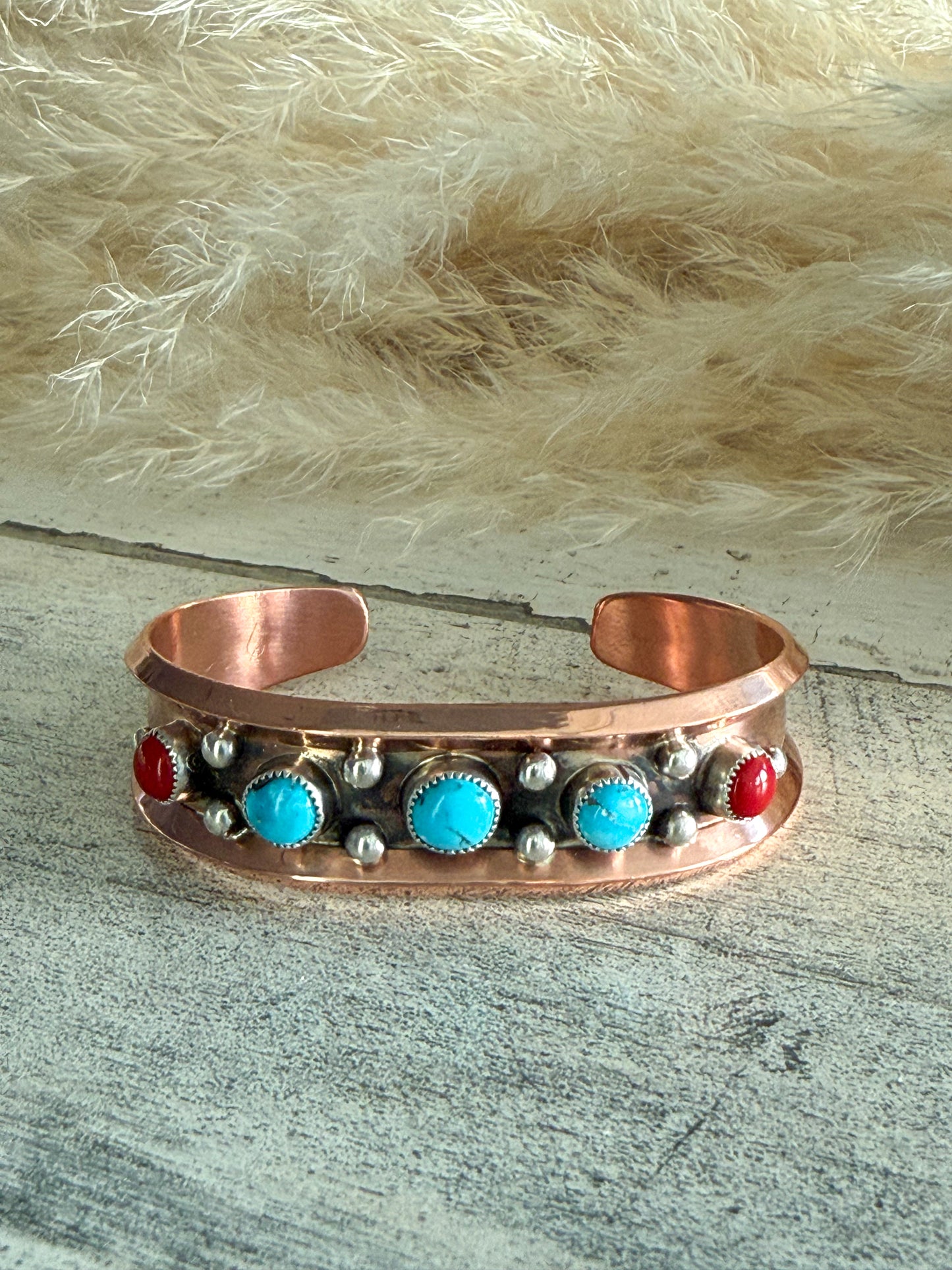 Native American Copper Turquoise & Coral Cuff 6.5"