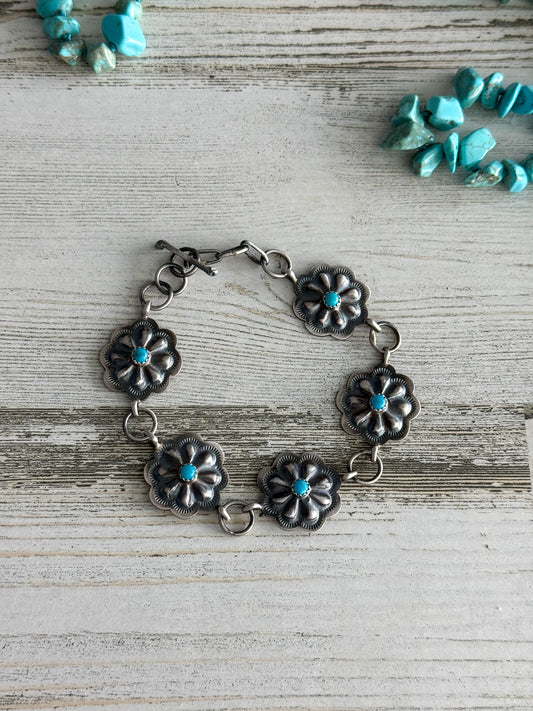 Native American Sterling & Turquoise Concho Bracelet