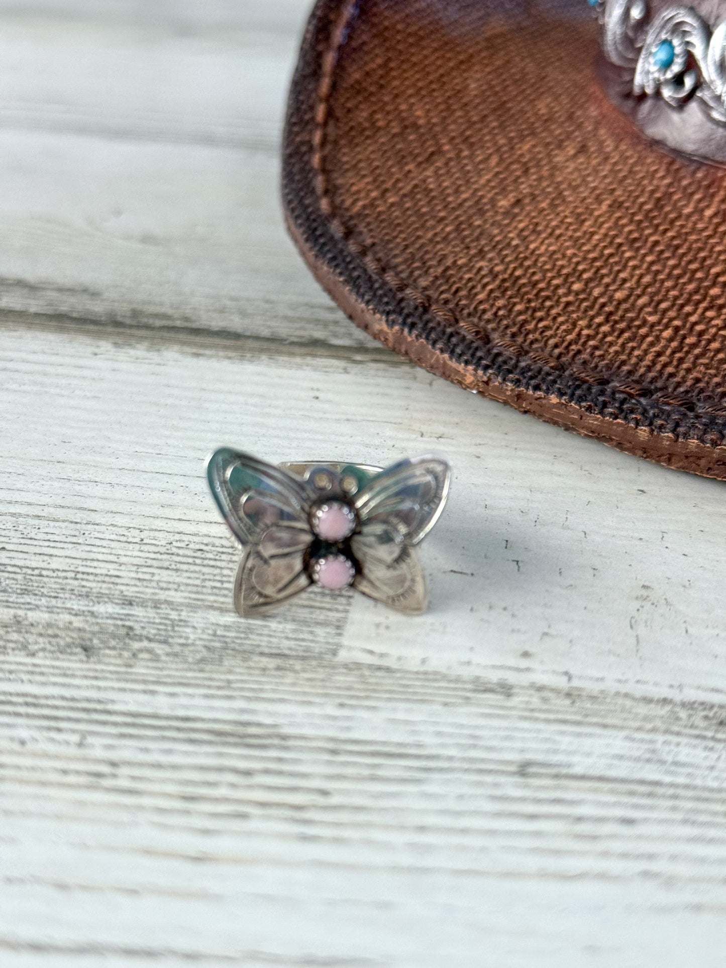 Native American Sterling Butterfly Pink Conch Adjustable Ring