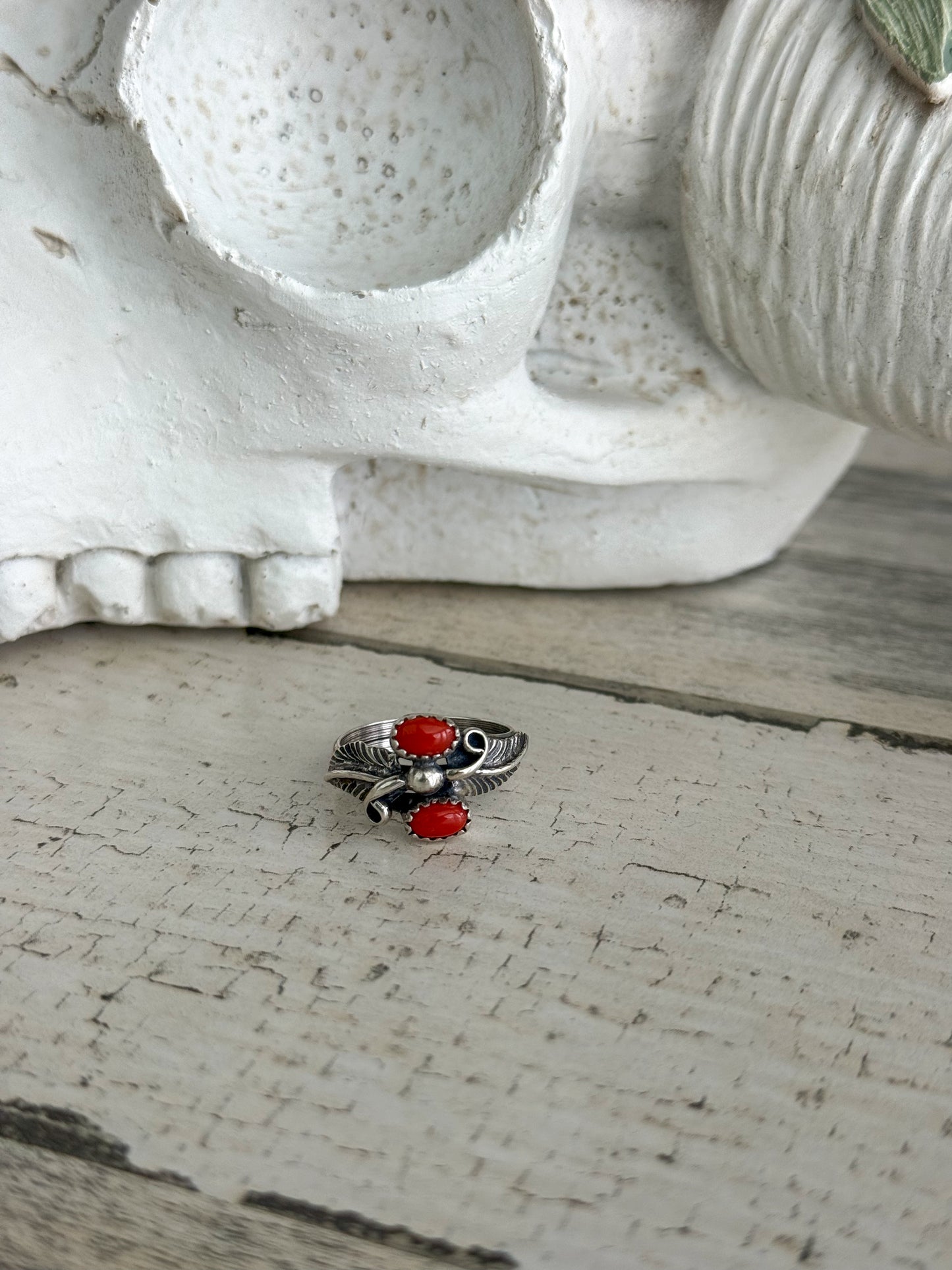 Native American Sterling Leaf Red Coral Ring 7.75