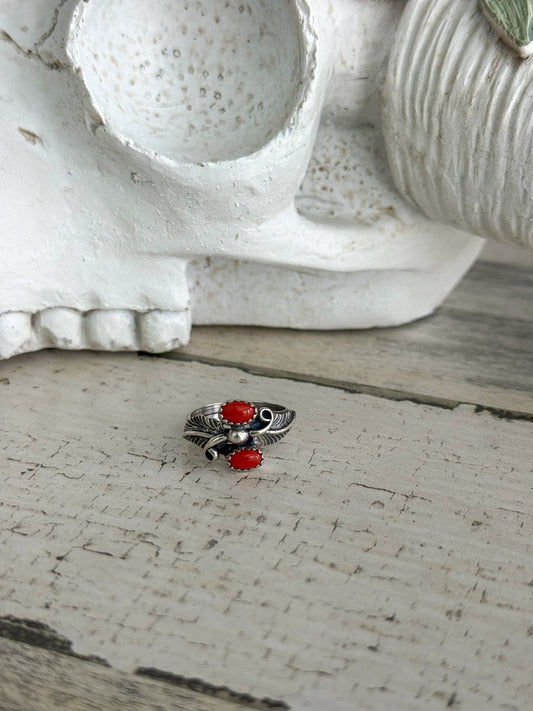 Native American Sterling Leaf Red Coral Ring 7.75