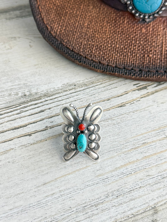 Native American Sterling Coral & Turquoise Butterfly Adjustable Ring